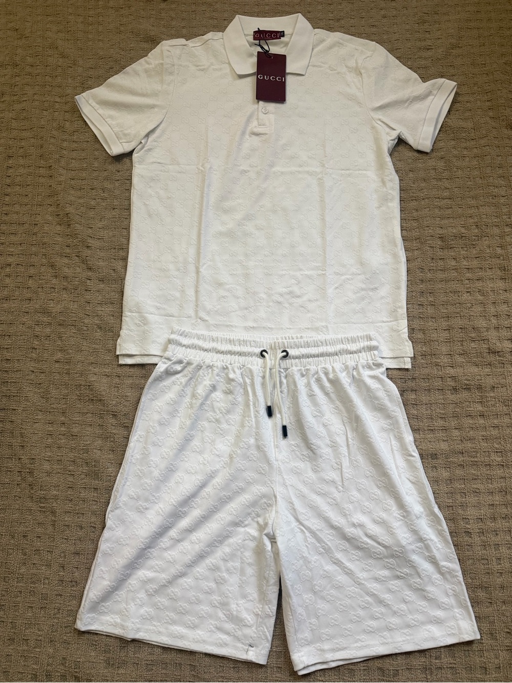 Gucci White Embossed Polo & Drawstring Shorts Set